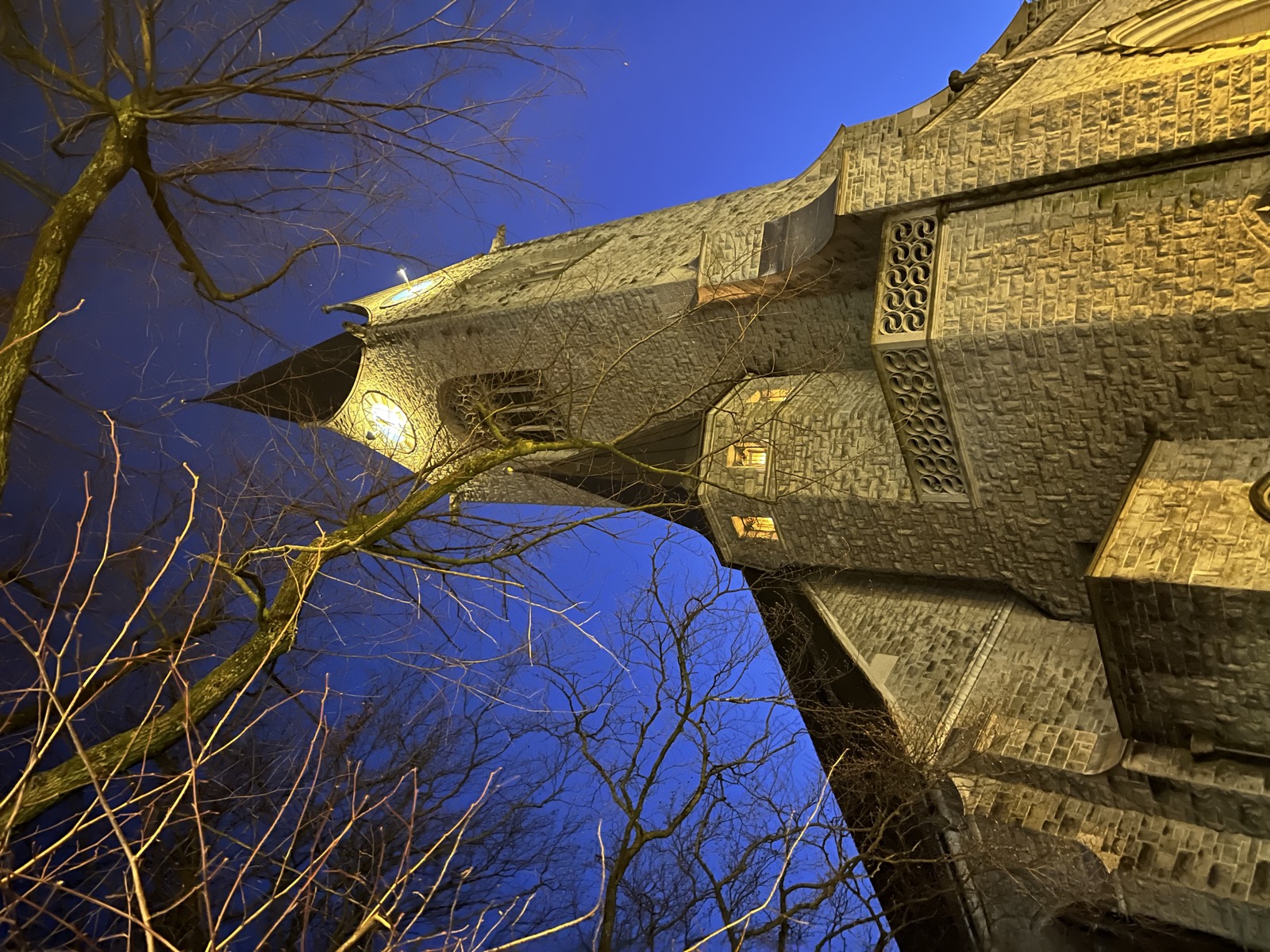 Church tower at night, shot from below, bare trees against a deep blue sky