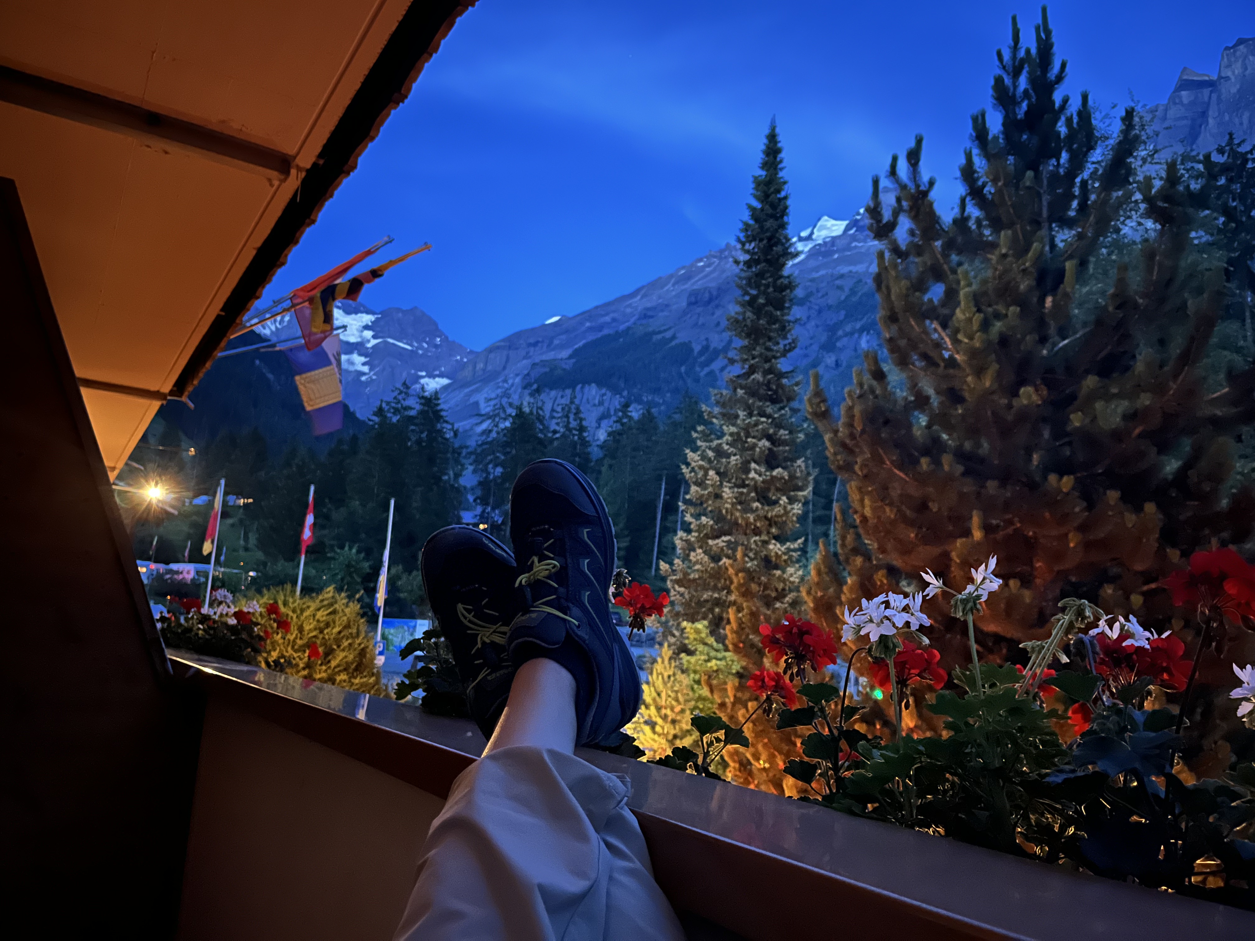 Hotel balcony at dusk, mountains and geraniums